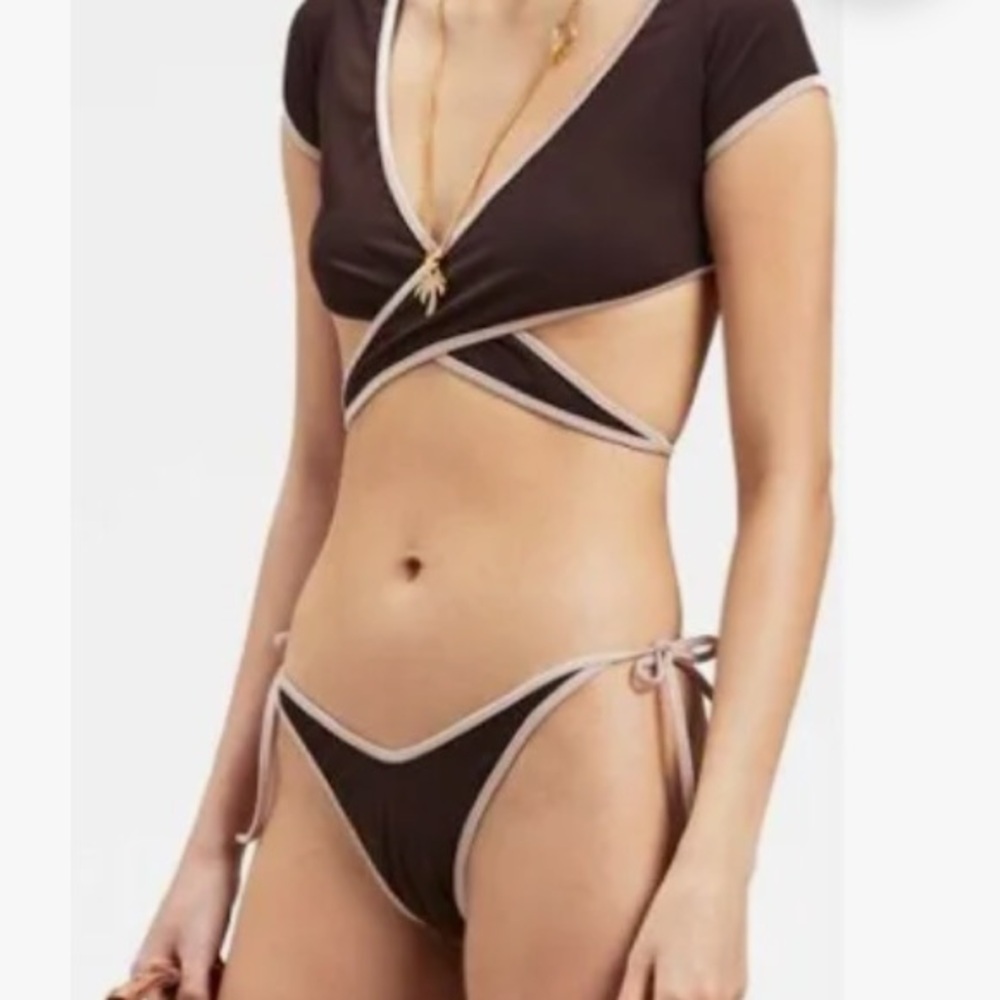 Palm Angels Brown Bikini Bottom with Contrast Pink Trim NWT